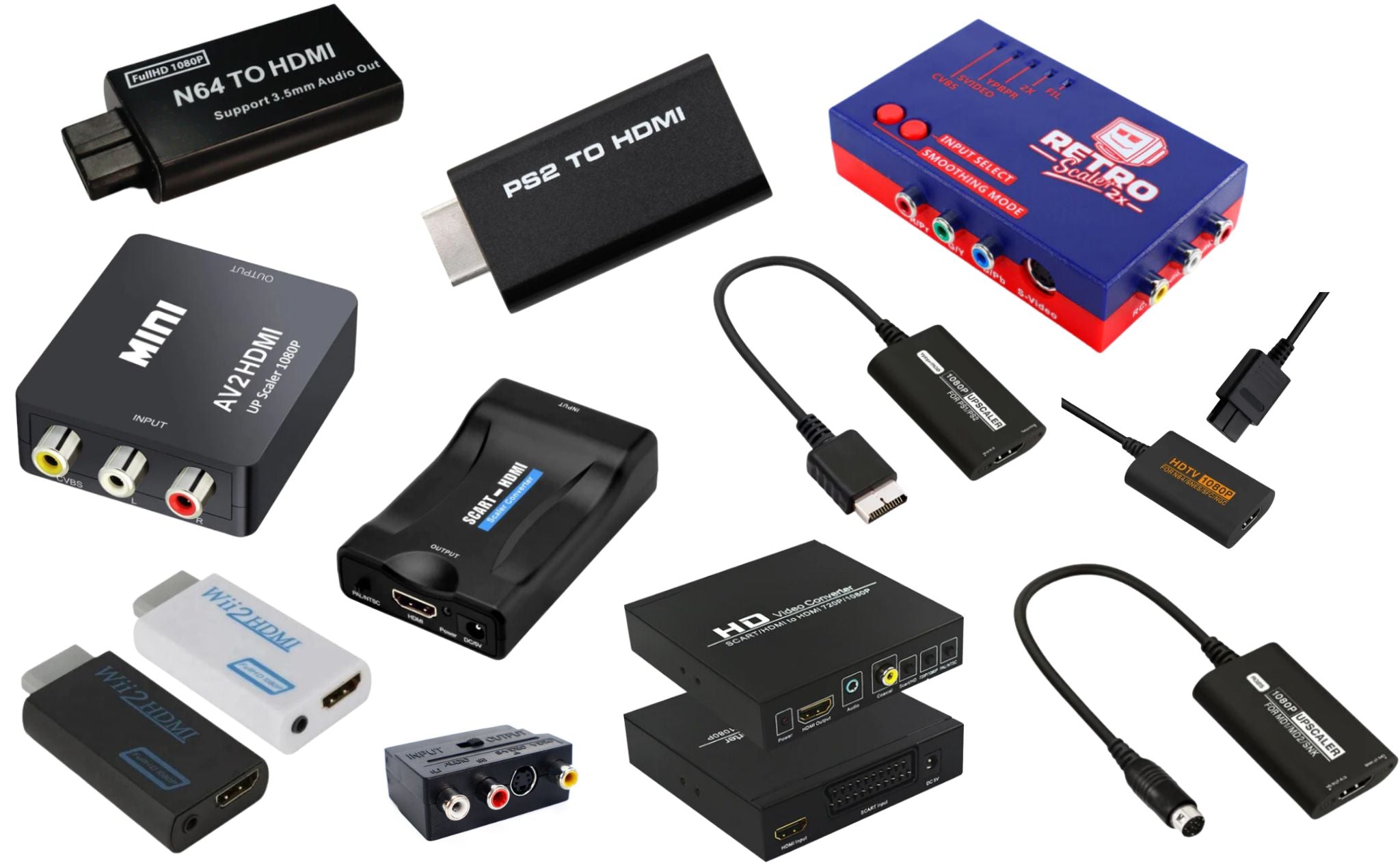 En samling av HDMI adaptere / Signalomformere