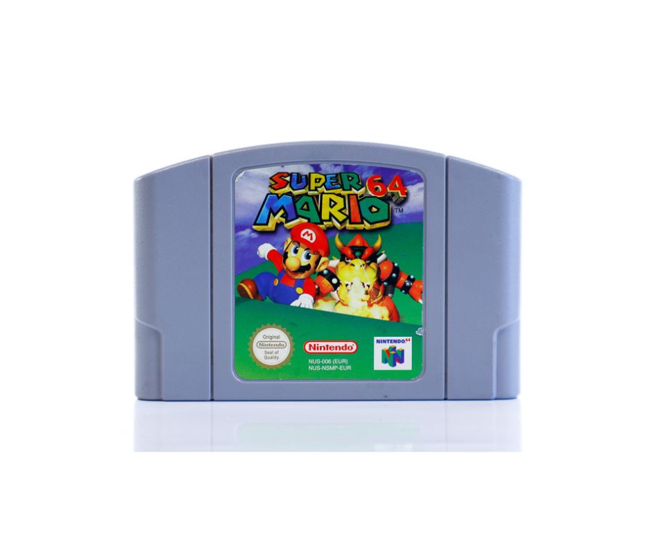 Super Mario 64 Nintendo 64-kassett – Grå Nintendo 64-spillkassett for Super Mario 64, med en illustrasjon av Mario og Bowser