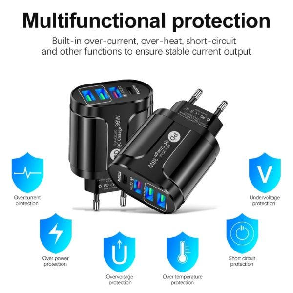 Hurtiglader USB-C & 3xUSB-A, PD & Q.C 3.0, 36W - Hvit - Retrospillkongen