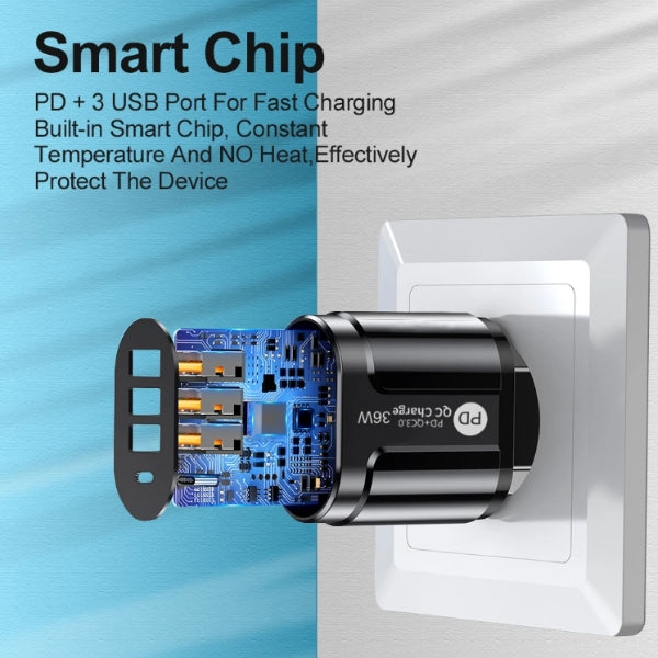 Hurtiglader USB-C & 3xUSB-A, PD & Q.C 3.0, 36W - Hvit - Retrospillkongen