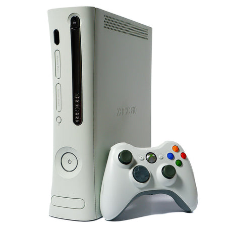 Bilde av en Hvit standard edition Xbox 360 med en hvit original kontroller