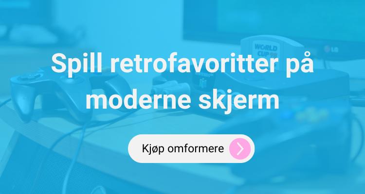 Illustrasjon med blå bakgrunn og hvit tekst "Spill retro favoritter på moderne skjerm" 