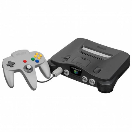 Bilde av grå Nintendo 64 konsoll og kontroll