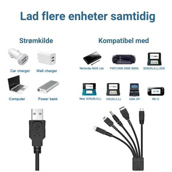 5 in 1 USB Lade Kabel for Nintendo DS Lite/Wii U/New 3DS XL,3DS XL,2DS,Dsi XL,NDS/GBA SP(Gameboy Advance sp),PSP 1000 2000 3000 - Retrospillkongen
