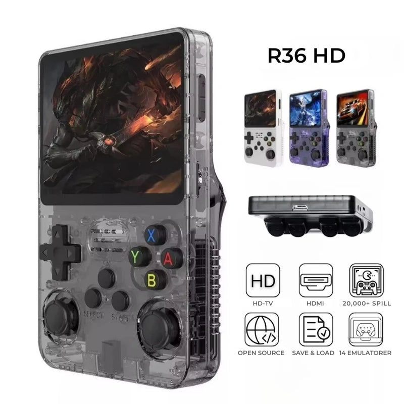 R36HD Retrokonsoll, Open Source, 64GB, med 20.000+ spill - Retrospillkongen