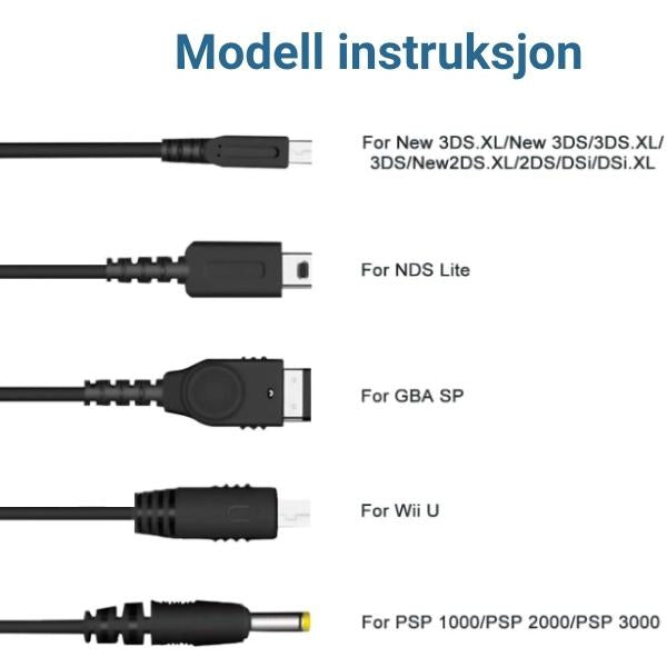 5 in 1 USB Lade Kabel for Nintendo DS Lite/Wii U/New 3DS XL,3DS XL,2DS,Dsi XL,NDS/GBA SP(Gameboy Advance sp),PSP 1000 2000 3000 - Retrospillkongen