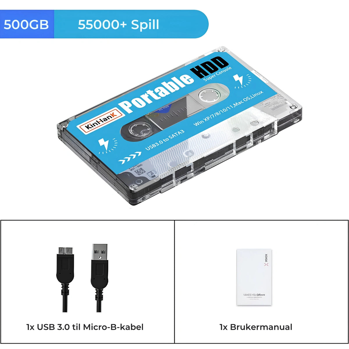 Kinhank 500GB Gaming Harddisk - 55,000+ Retrospill Inkludert - Retrospillkongen