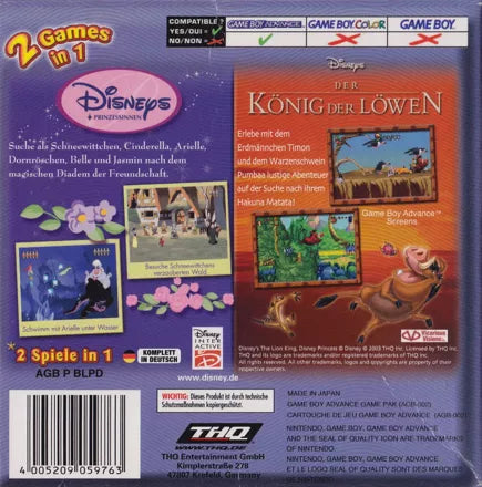 2 Games in 1: Disney Princess + Disney's The Lion King - GBA spill